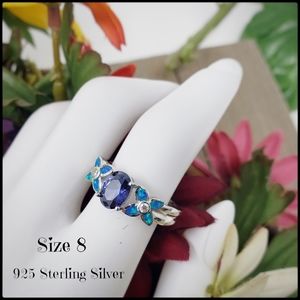 New - Tanzanite Center Stone Flower Blue Lab Opal Ring Size 8